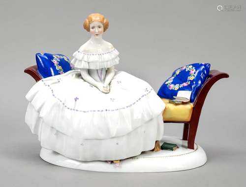 Girl in a crinoline dress sitting o