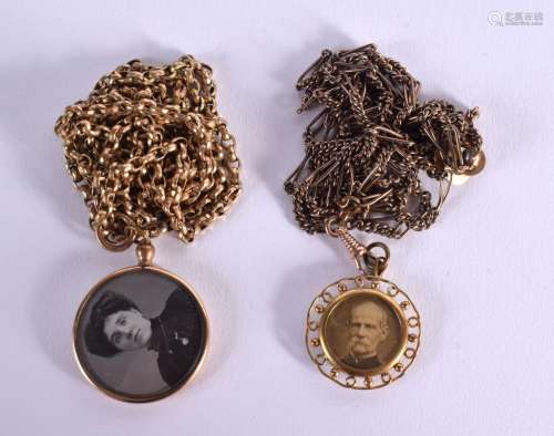 TWO VICTORIAN ROLLED GOLD GUARD CHAINS WITH PICTORIAL LOCKET...