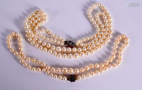 TWO PEARL NECKLACES, 1 DOUBLE STRAND, 1 SINGLE STRAND, Pearl...