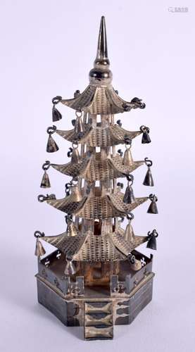 A CHINESE SILVER MODEL OF A PAGODA. 12.3cm x 5.4cm, weight 6...