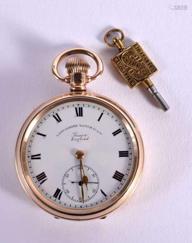 A YELLOW METAL POCKET WATCH BY THE LANCASHIRE WATCH COMPANY....