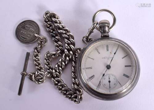 AN ELGIN SILVER HALLMARKED POCKET WATCH AND FOB CHAIN WITH A...