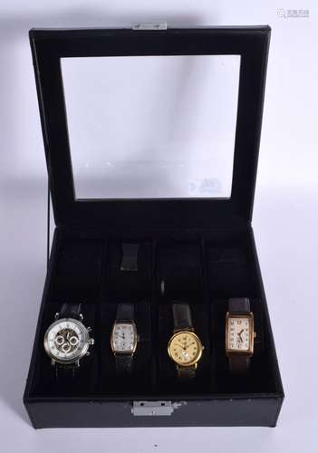 AN EIGHT PLACE WATCH BOX WITH 4 WRISTWATCHES (5)