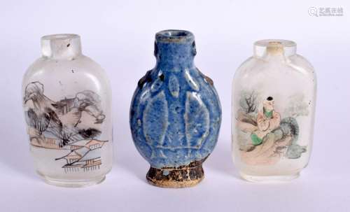 TWO CHINESE REVERSE PAINTED SNUFF BOTTLES AND ANOTHER. Large...