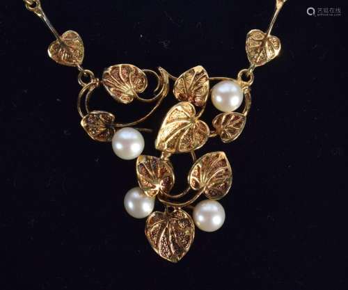 A SILVER GILT NECKLACE SET WITH PEARLS. Length 42cm, Pendant...