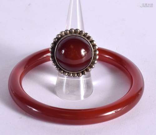 AN ENGLISH SILVER AND AGATE RING together with a similar ban...