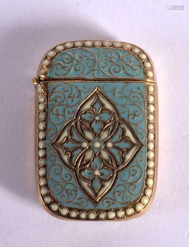 AN ENAMELLED BRASS VESTA CASE. 18 grams. 4.5 cm x 3 cm.