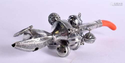 A CORAL HANDLED SILVER BABIES RATTLE. 47 grams. 13.5 cm x 4 ...