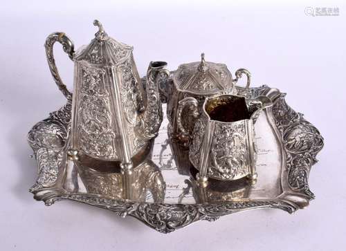 AN ANTIQUE CONTINENTAL SILVER TEA SET ON TRAY. 2400 grams. L...