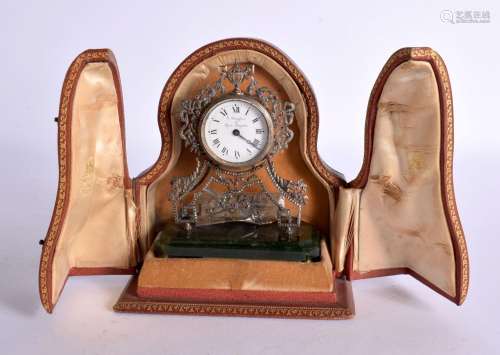 AN ANTIQUE SWISS JADE SILVER AND RUBY CLOCK. 12 cm x 9.5 cm.