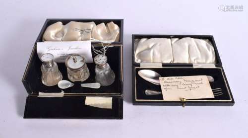 A SILVER AND MOTHER OF PEARL CONDIMENT SET together with a c...