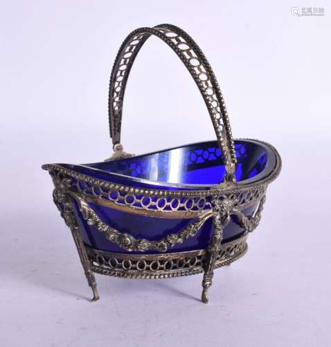 AN ANTIQUE SILVER BLUE LINGED GLASS BASKET. Silver 105 grams...
