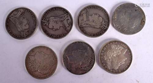 FOUR ENGLISH CROWN COINS AND THREE AMERICAN DOLLARS (7). Wei...