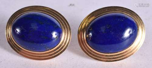 A PAIR OF 14CT GOLD MOUNTED LAPIS EARRINGS. Stamped 14K, 2.6...