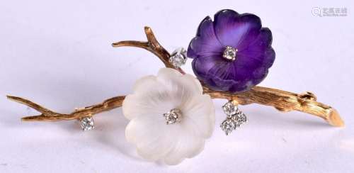 AN 18CT GOLD BROOCH WITH AMETHYST AND ROCK CRYSTAL BLOSSOM I...