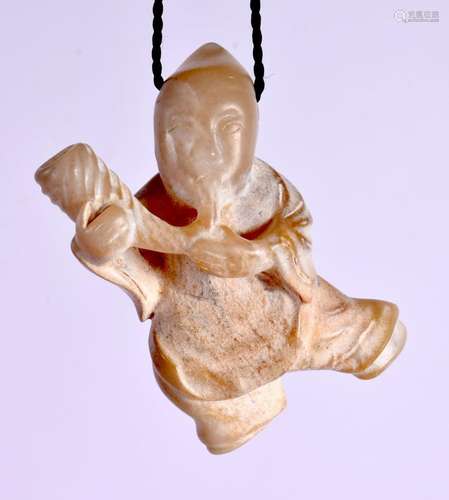 A CARVED CHINESE SOAPSTONE PENDANT IN THE FORM OF A MAN HOLD...