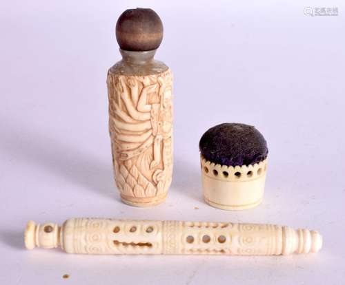 A CARVED BONE SNUFF BOTTLE TOGETHER WITH A NEEDLE CASE AND A...