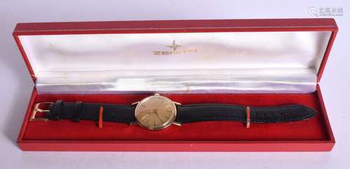 A BOXED 9CT GOLD CASED ZENITH WATCH. Dial 3.6cm incl crown