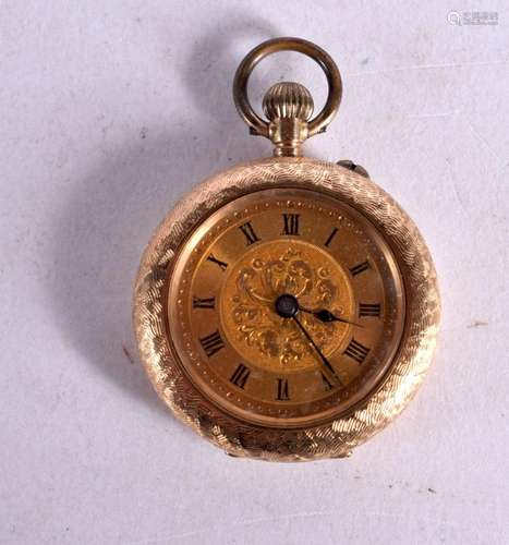 A 14CT GOLD FOB WATCH. Stamped 14K, 3cm diameter, weight 21g