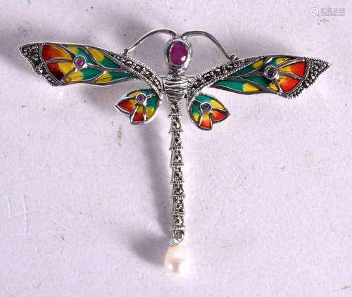 A CONTINENTAL SILVER PLIQUE A JOUR DRAGONFLY BROOCH. Stamped...