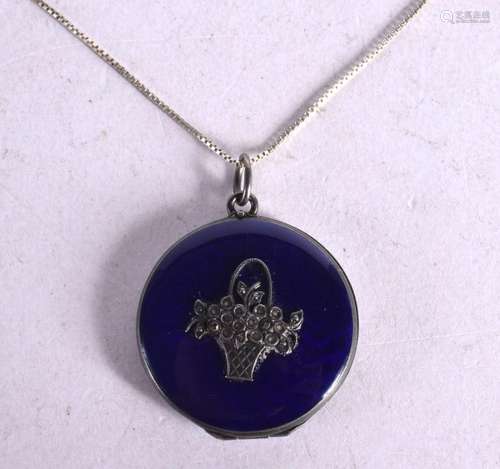 A BLUE ENAMEL PENDANT ONLAID WITH A SILVER BASKET OF FLOWERS...