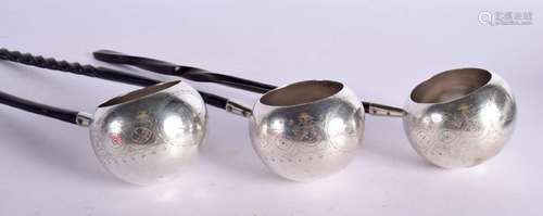 THREE HORN HANDLED WHITE METAL PUNCH BOWL LADLES. 36cm x 7.2...