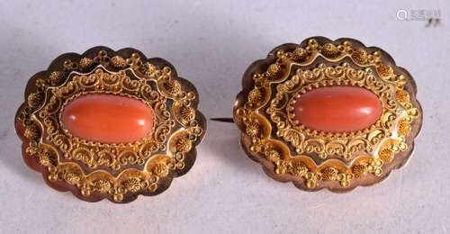 TWO VICTORIAN HIGH CARAT ANTIQUE GOLD AND CORAL BROOCHES. 3c...