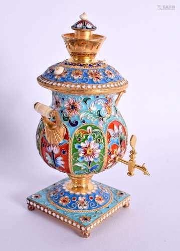 A CONTINENTAL SILVER AND ENAMEL MINIATURE SAMOVAR. Stamped 8...