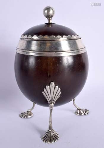 A TRI LEGGED SILVER MOUNTED CADDY. Hallmarked London 1802, 1...