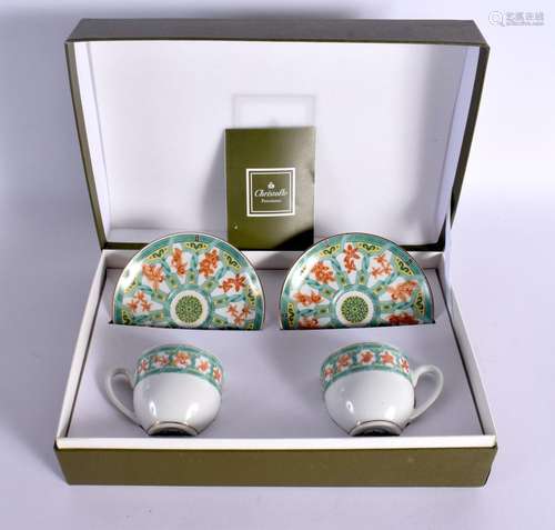 A BOXED PAIR OF CHRISTOFFLE COFFEE CUPS AND SAUCERS.