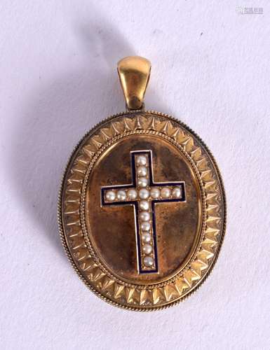 A 15CT VICTORIAN LOCKET BEARING A CROSS MOUNTED WITH PEARLS....