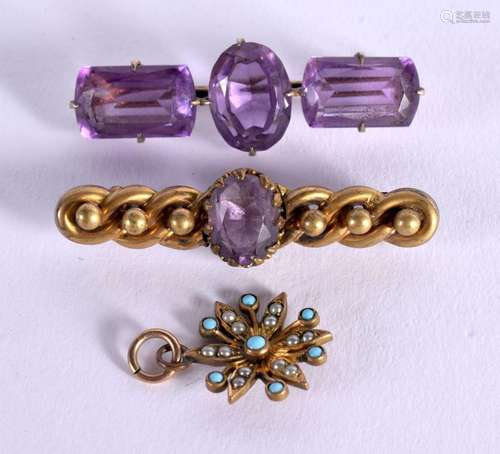 TWO YELLOW METAL AND GEM SET BAR BROOCHES TOGETHER WITH A GE...