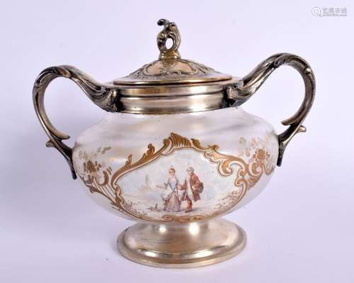 A CONTINENTAL GLASS SUGAR BOWL WITH ENAMEL DECORATION AND WH...