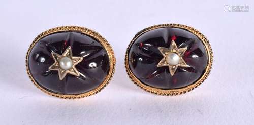 A PAIR OF VICTORIAN GARNET AND PEARL EARRINGS. 1.3cm x 1.5cm...