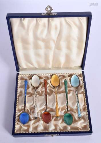 A CASED SET OF SIX SILVER AND ENAMEL COFFEE SPOONS. Stamped ...