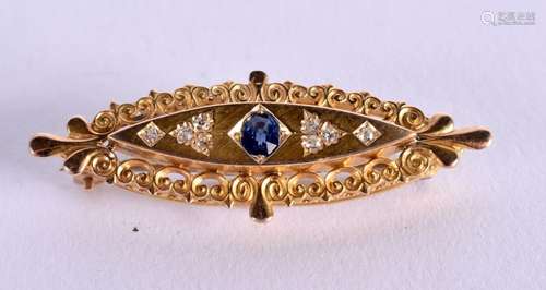 A VICTORIAN 15CT GOLD DIAMOND AND SAPPHIRE BAR BROOCH. 4.5cm...