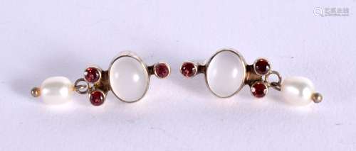 A PAIT OF MOONSTONE, RUBY AND PEARL EARRINGS. Weight 5.4g