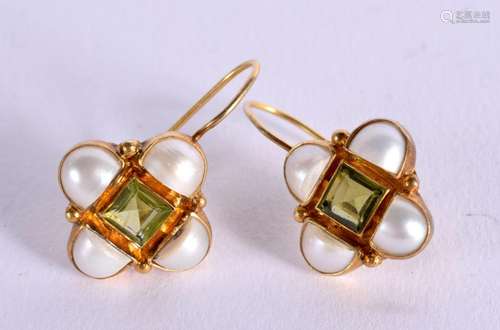 A PAIR OF 15CT GOLD, PERIDOT AND PEARL EARRINGS. 1.8cm, weig...