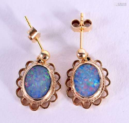 A PAIR OF 9CT GOLD AND OPAL EARRINGS. 1.8cm drop, weight 4.8...