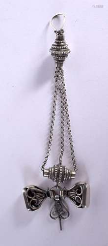 A WHITE METAL CHATELAINE WITH 2 SEALS. 23cm long, weight 64g