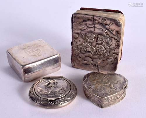 THREE SILVER BOXES TOGETHER WITH A BOOK WITH A SILVER COVER....