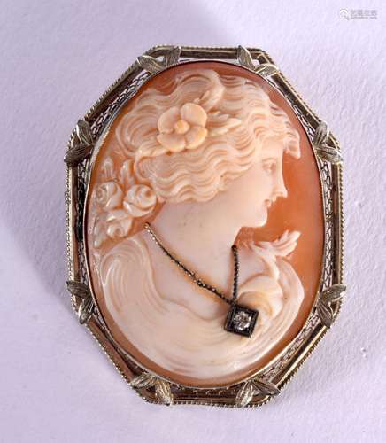 A VICTORIAN GOLD CAMEO BROOCH WEARING A DIAMOND NECKLACE. 4....