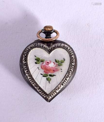 A HEART SHAPED POCKET WATCH WITH ENAMEL BACK. 4.1cm x 3.1cm,...