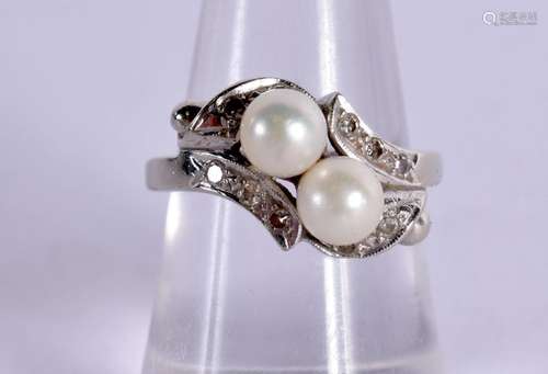 A 14CT GOLD, PEARL AND DIAMOND RING. Stamped 14K, size N, we...