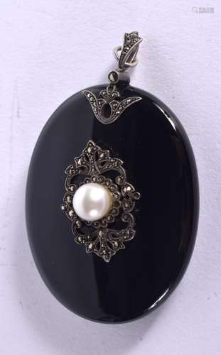 A VICTORIAN ENAMEL, PEARL AND MARCASITE LOCKET. 6cm x 4.1cm,...