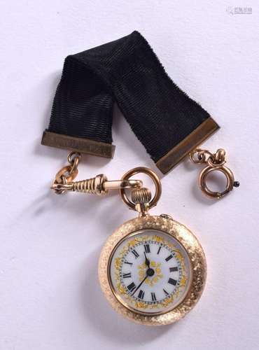 A 14CT GOLD LADIES FOB WATCH. Case stamped 14K^ 3cm diameter...