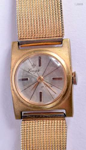 A VINTAGE YELLOW METAL LINGS WATCH with an 18ct gold strap. ...