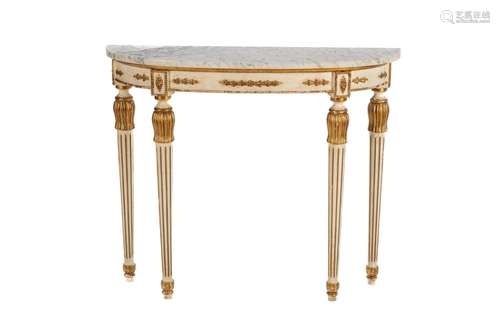 WHITE & GILT PAINTED DEMI LUNE CONSOLE TABLE