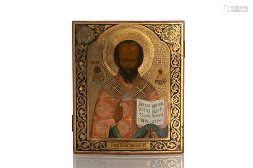 RUSSIAN GILT PAINTED ICON OF SAINT NICHOLAS