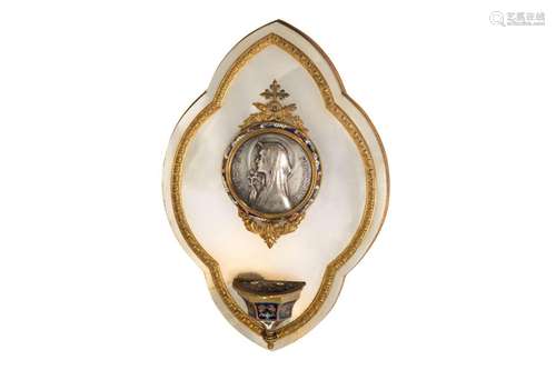 19th C FRENCH CHAMPLEVE & ONYX HOLY WATER FONT